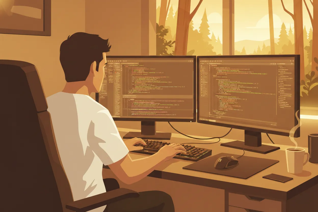 A person coding at a 2 monitor setup with a window view of nature in the background