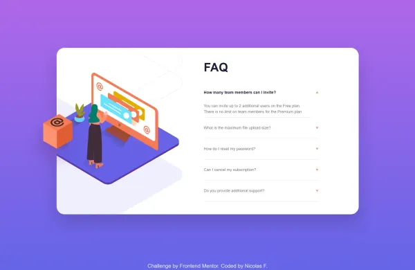 An isometric illustration of a woman standing in front of a computer monitor next to an FAQ list with expandable question tabs.