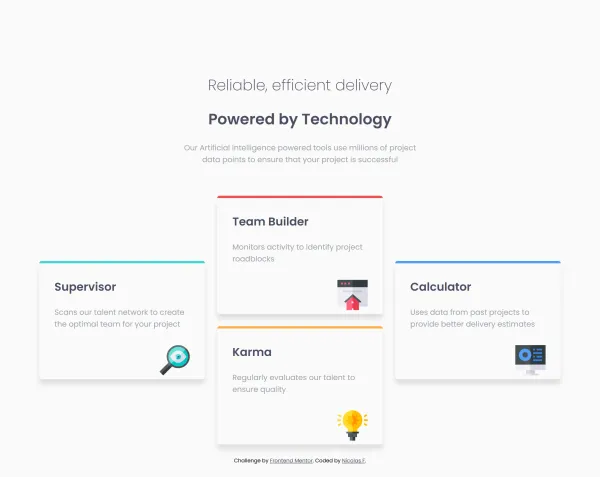 A web layout featuring a central header above four color-coded cards