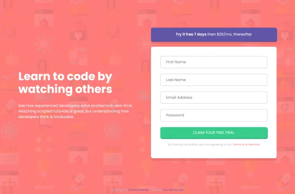A landing page section with a bold headline and text on a red patterned background