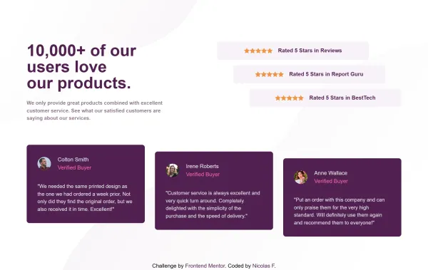 A testimonial section with a large headline, three staggered star-rating bars